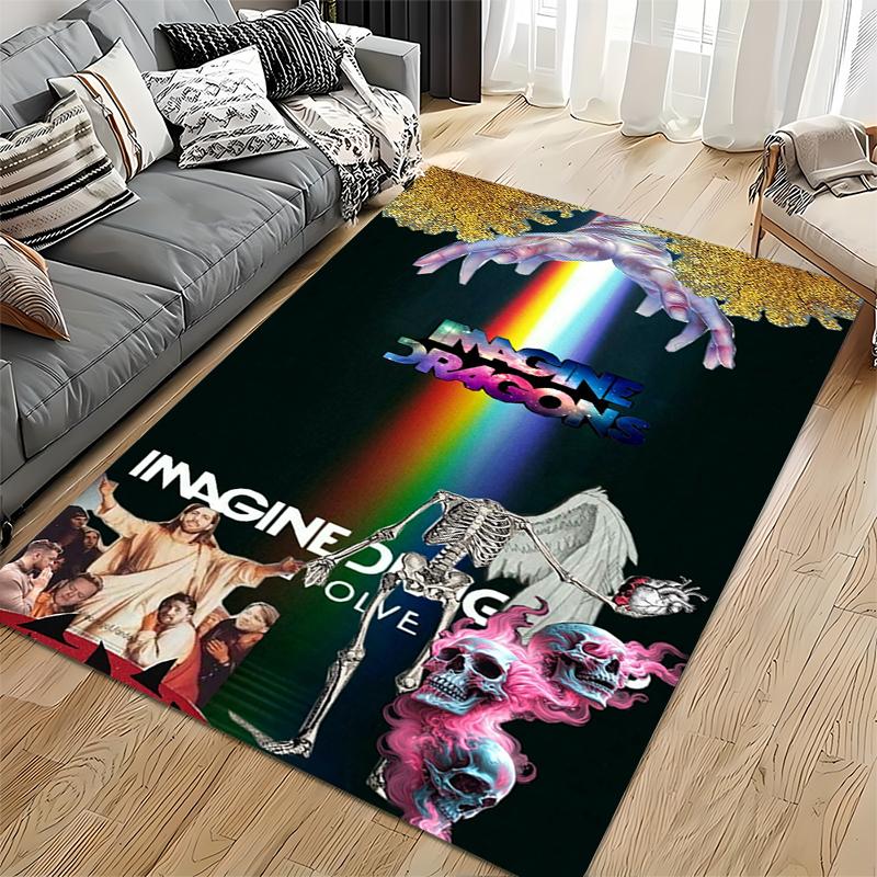 Rock Band Area Rug, Imagine Dragons Evolve Rainbow Skeleton Winged Hand Surreal Collage Print, Rock Decor, Non-Slip Mat