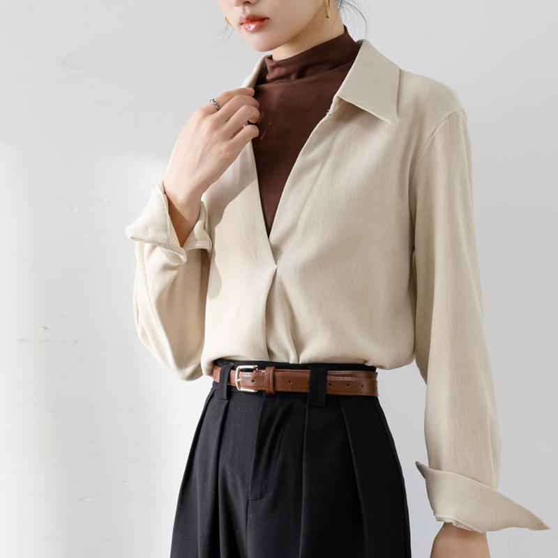 

Модная женская рубашка для офиса с длинным рукавом, осень и зима, новая свободная внутренняя блузка с V-образным вырезом и лацканами, женская повседневная простая женская одежда 2560 XL хаки