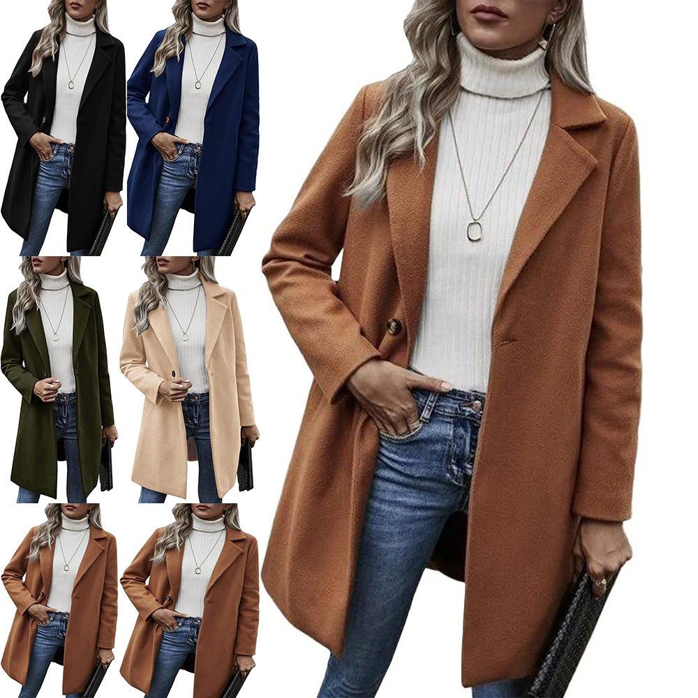 Women's Woolen Mid-Length Trench Coat, British Style, Classic Solid Color, Winter Workwear, Double-Sided Fleece.