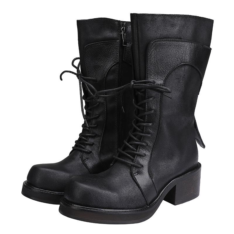 

Fashion GKTINOO Women Motorcycle Boots Genuine Leather 2025 New Zip Round Toe Women Shoes Sewing Handmade Retro Ankle Platform Boots 5