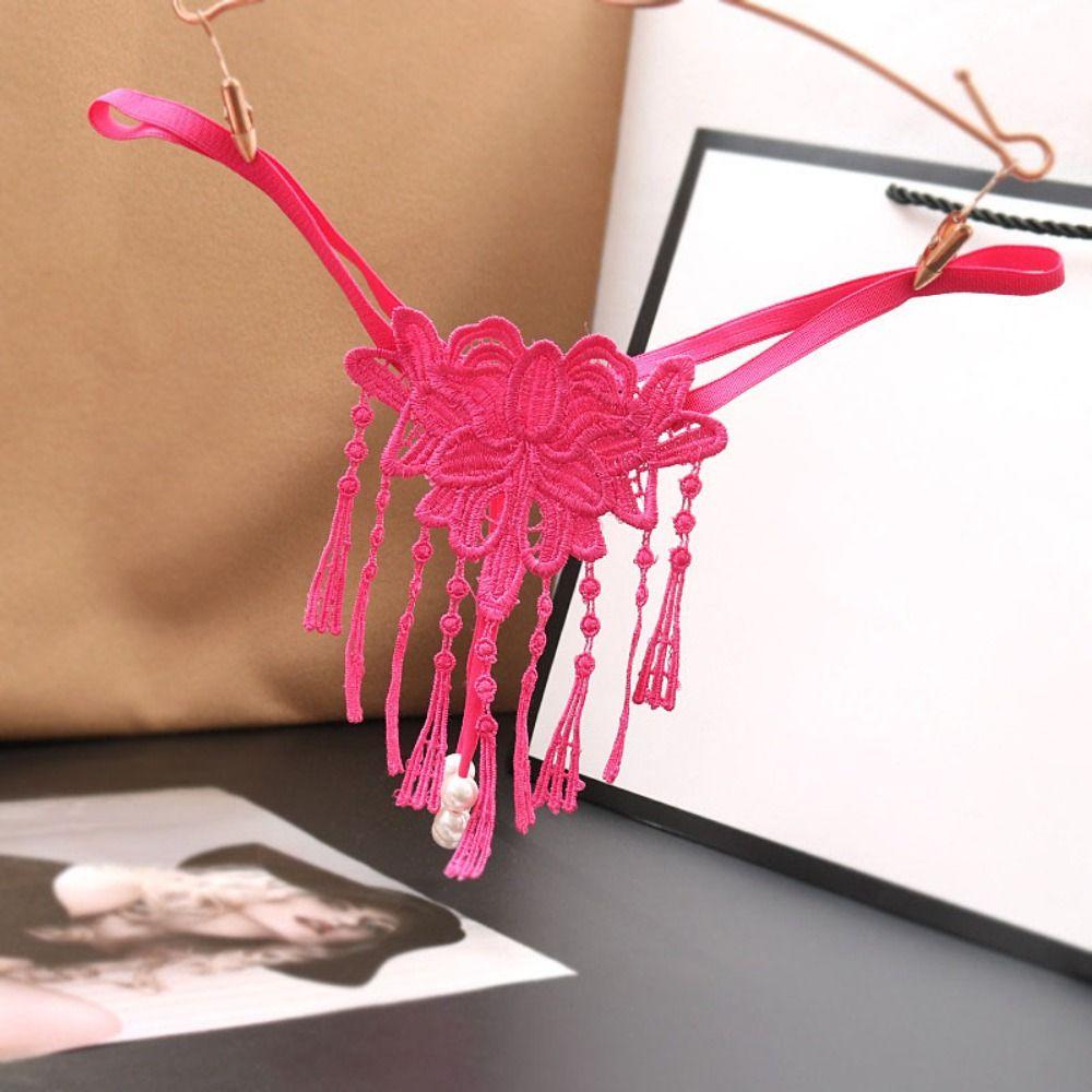 Thin Belt Lace Flower Panties Pearl String Transparent T-Pants Sexy Mesh Thongs  Valentine's Day