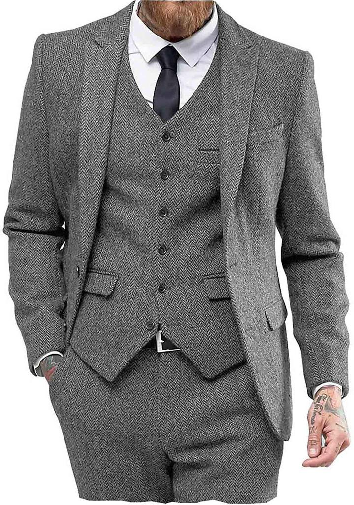 Men's Slim Fit Herringbone Three-Piece Suit for Business, Banquets, and Weddings