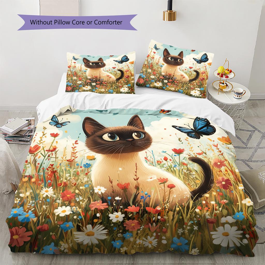 Bunte siamesische Katze Muster Bettwäsche Heimdekoration Geburtstagsgeschenk (1 Bettbezug + 2 Kissenbezüge, ohne Füllung)