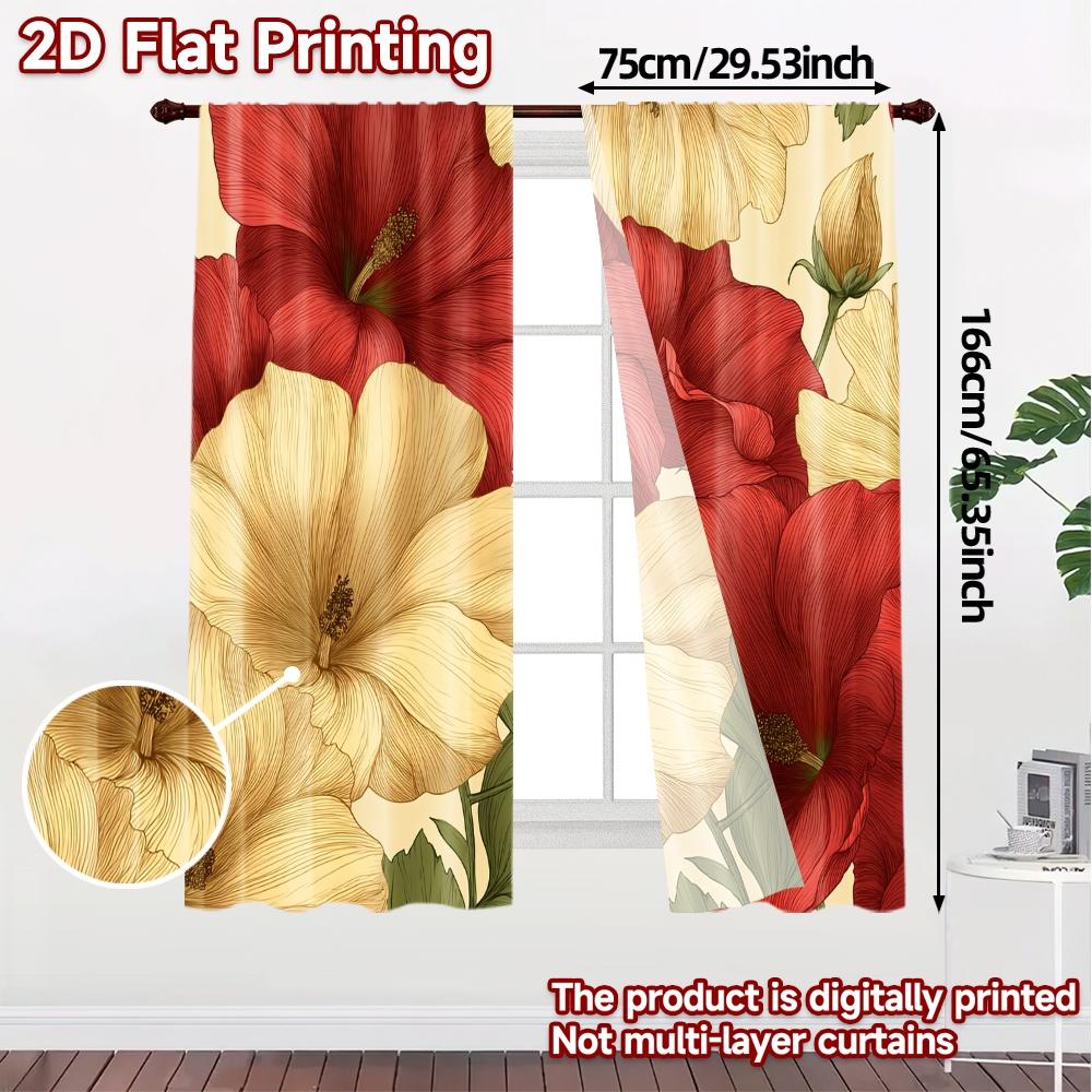 2D FLAT PRINTING 2pcs Curtains (Without Rod) Floral Hibiscus Arrangement Saint Patrick is Day Festival Chic Print Curtains Yarn