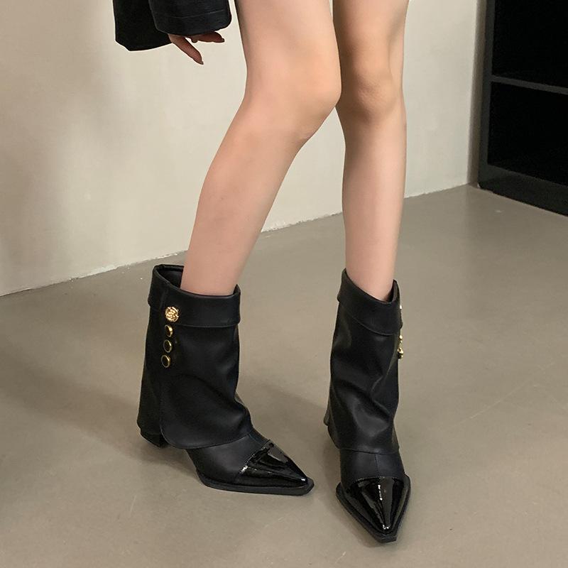 Mi Ting 2025 Autumn Fashion Versatile Coarse Heel Knight Boots Elegant Xiaoxiangfeng Color Matching Short Boots Sleeve Pants Pants Boots Women