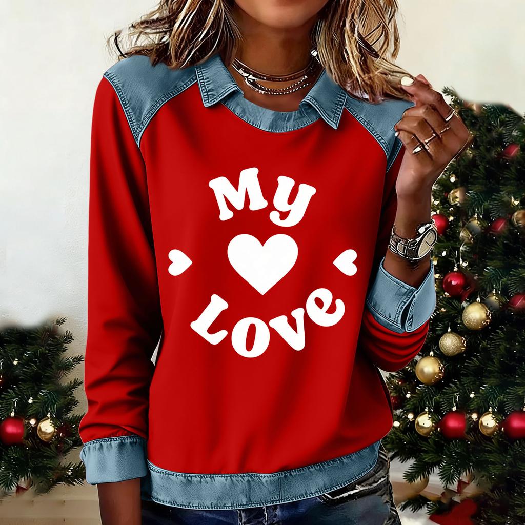 Women's Fashion Flared Long Sleeve Denim Patchwork Sweatshirt Valentine's Day Print Casual Pullover Top