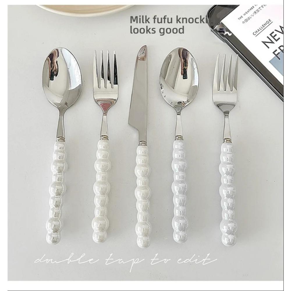 1 Stk. Einzigartiges Perlenförmiges Besteckset mit Keramikgriff Steakmesser, Dessertgabel und Löffel Kreative Küchenwerkzeuge