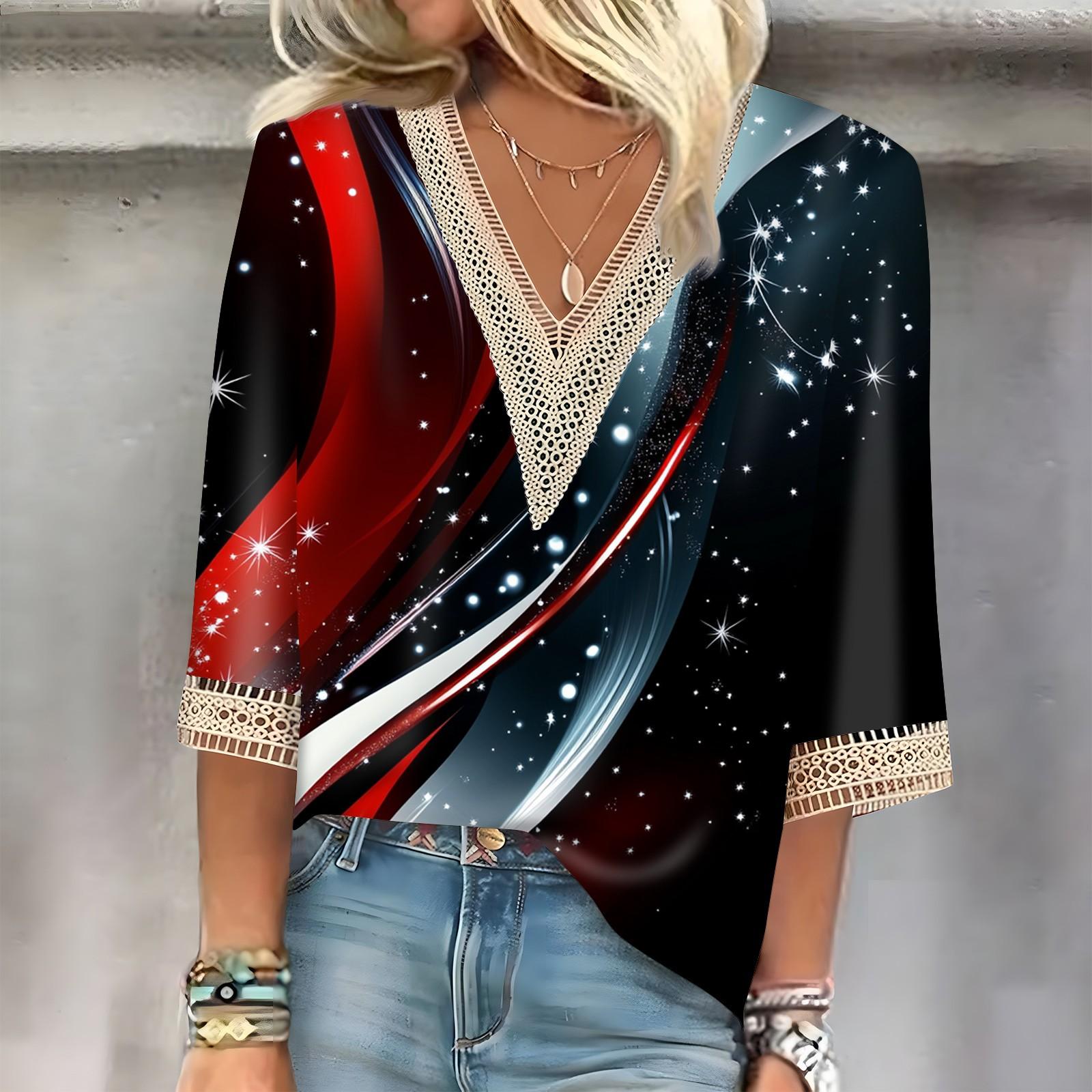 

Women s Fashion Casual Lace Seven Sleeve V-Neck Independence Day Printed Top XXL чёрный