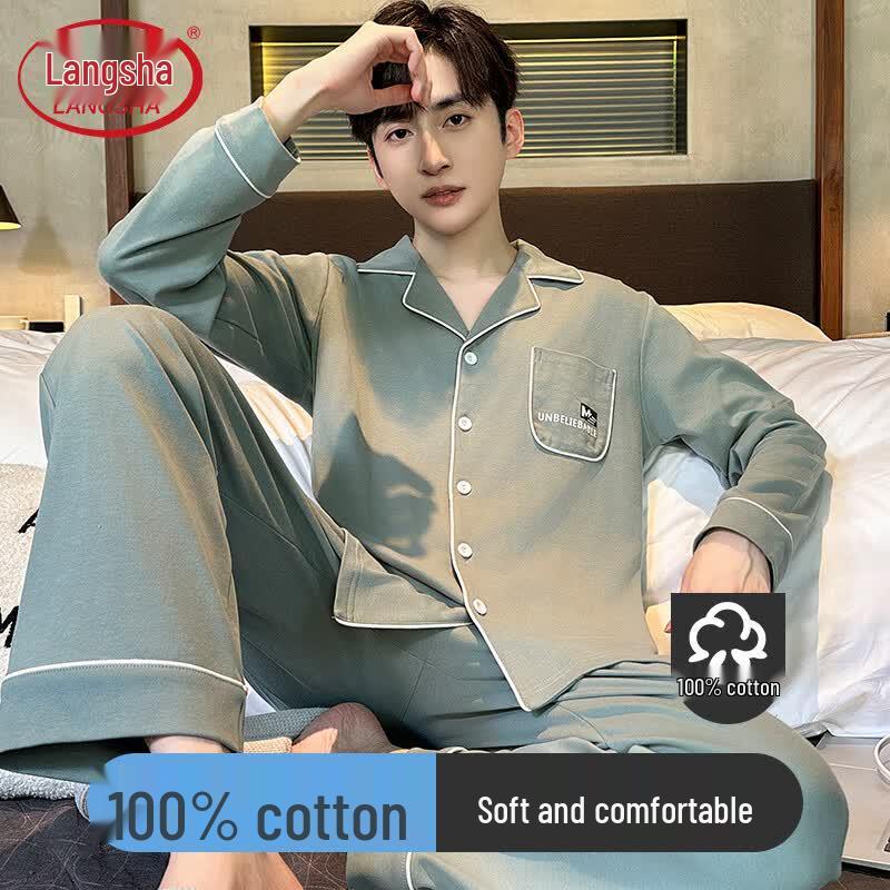 Langsha Men s Pure Cotton Long Sleeve Pajama Loungewear Set XXXL