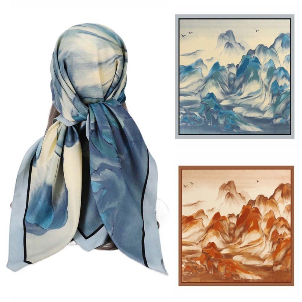 Tuschemalerei Großes quadratisches Kopftuch 110cm Taschen Dekoration Retro Damen Seidenschal Geschenk