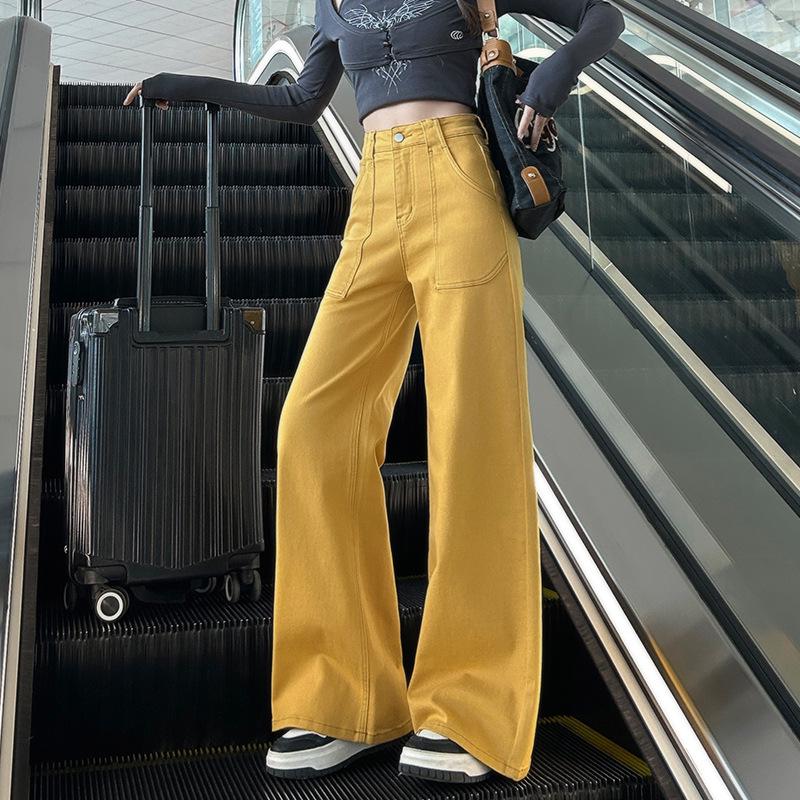 

Women s High Waist Yellow Wide Leg Jeans - Floor Length, Slimming Casual Style M