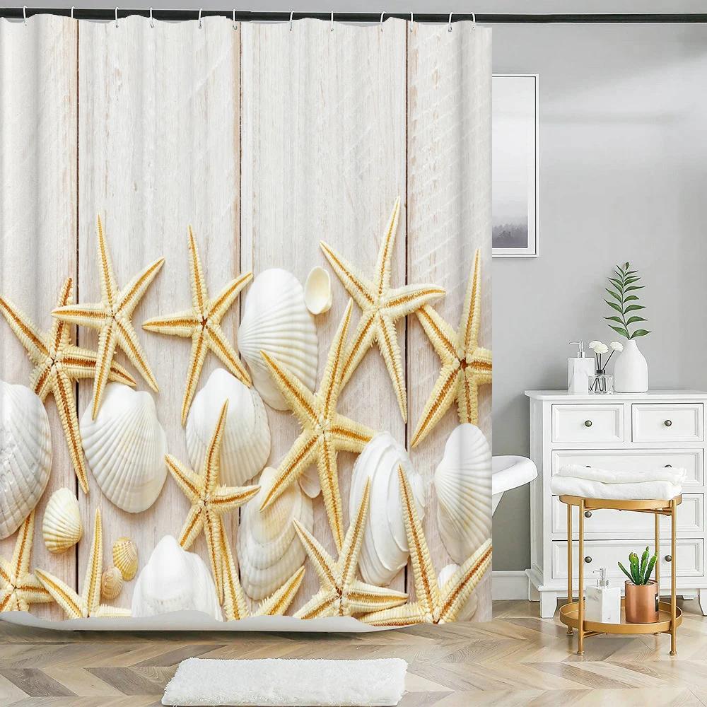 Seaside Scenic Beach Shells Shower Curtains Bathroom Curtain Frabic Waterproof Polyester Bath Curtains for Bathroom 180x180cm