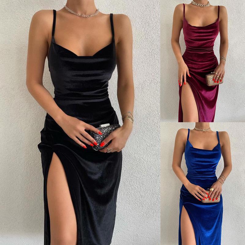 2025 Summer Velvet Spaghetti Strap Slim-Fit Slit Evening Dress for Women