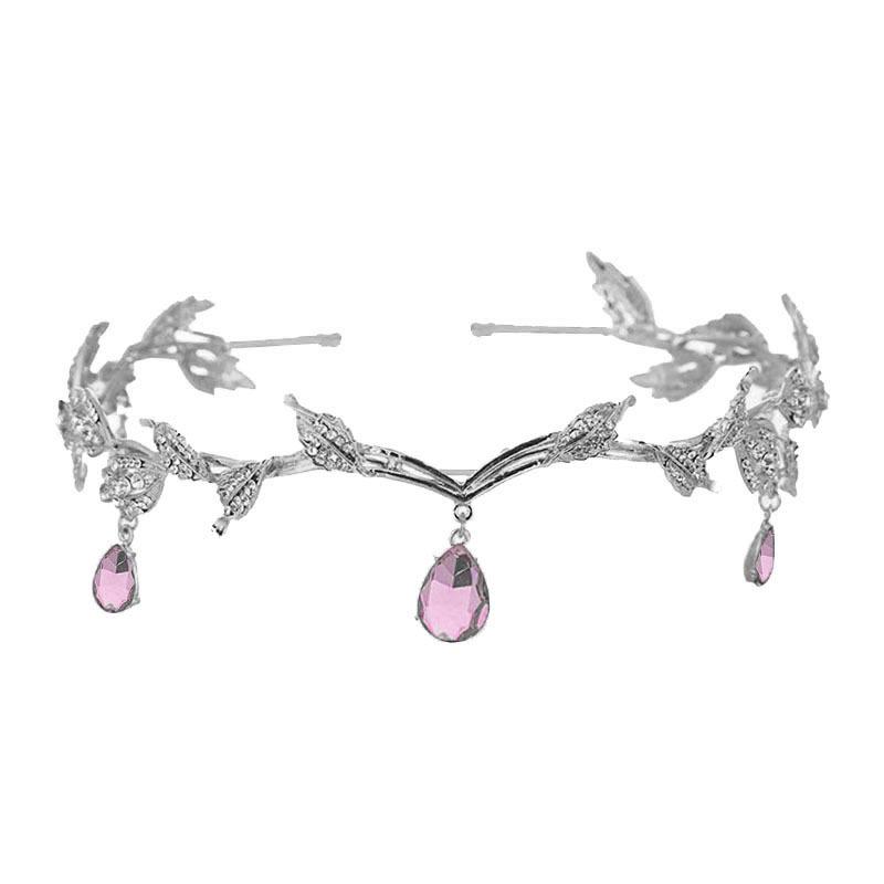 Korean-Style Baroque Rhinestone Leaf Crown Tiara with Water Drop Pendant