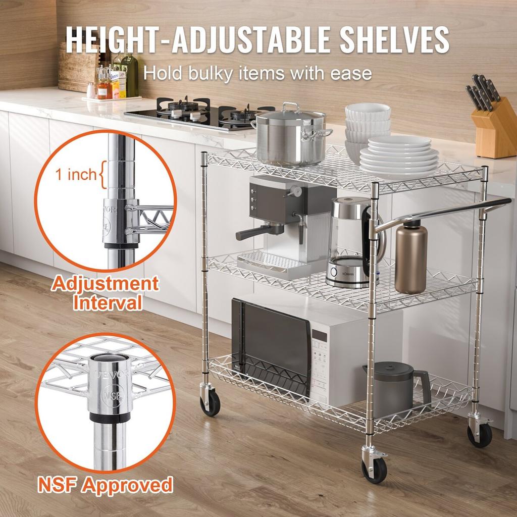 Kitchen Utility Cart, 3 Tiers, Wire Rolling Cart with 661LBS Capacity, Steel Service Cart On Wheels, Metal Storage Trolley with 80mm Deep Basket