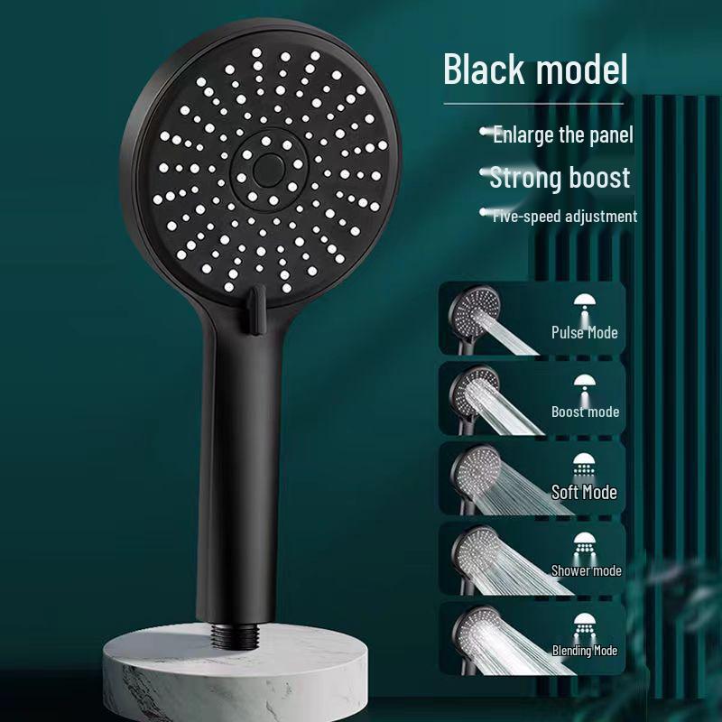 Black Lotus High-Pressure Shower Head with Five Functions and Large Panel