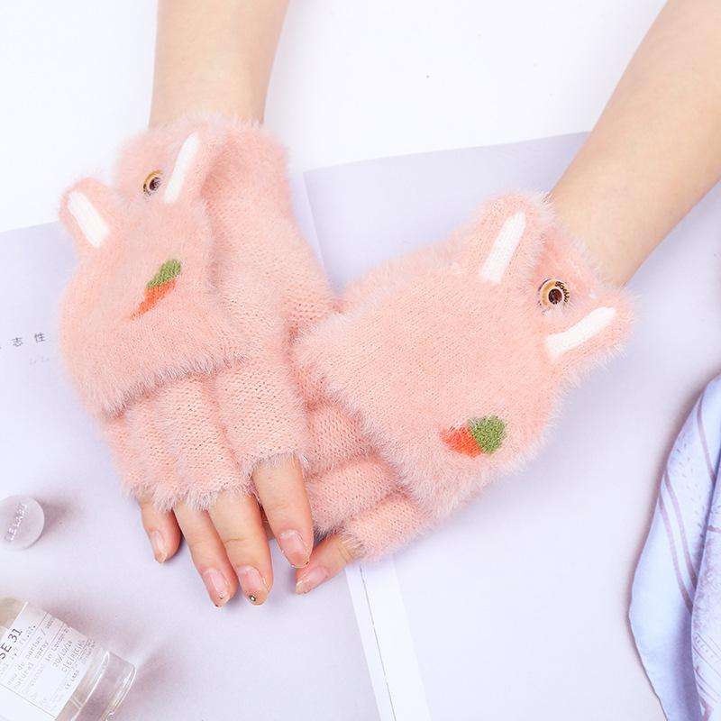 Gloves Women's Autumn and Winter Thickened Warm Flip Half Finger Cute Rabbit Ears Radish Pattern Student Velvet Gloves