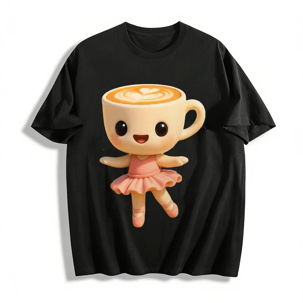 Cute Ballet Coffee Cup Print Casual Top Pure cotton T-shirt XXS