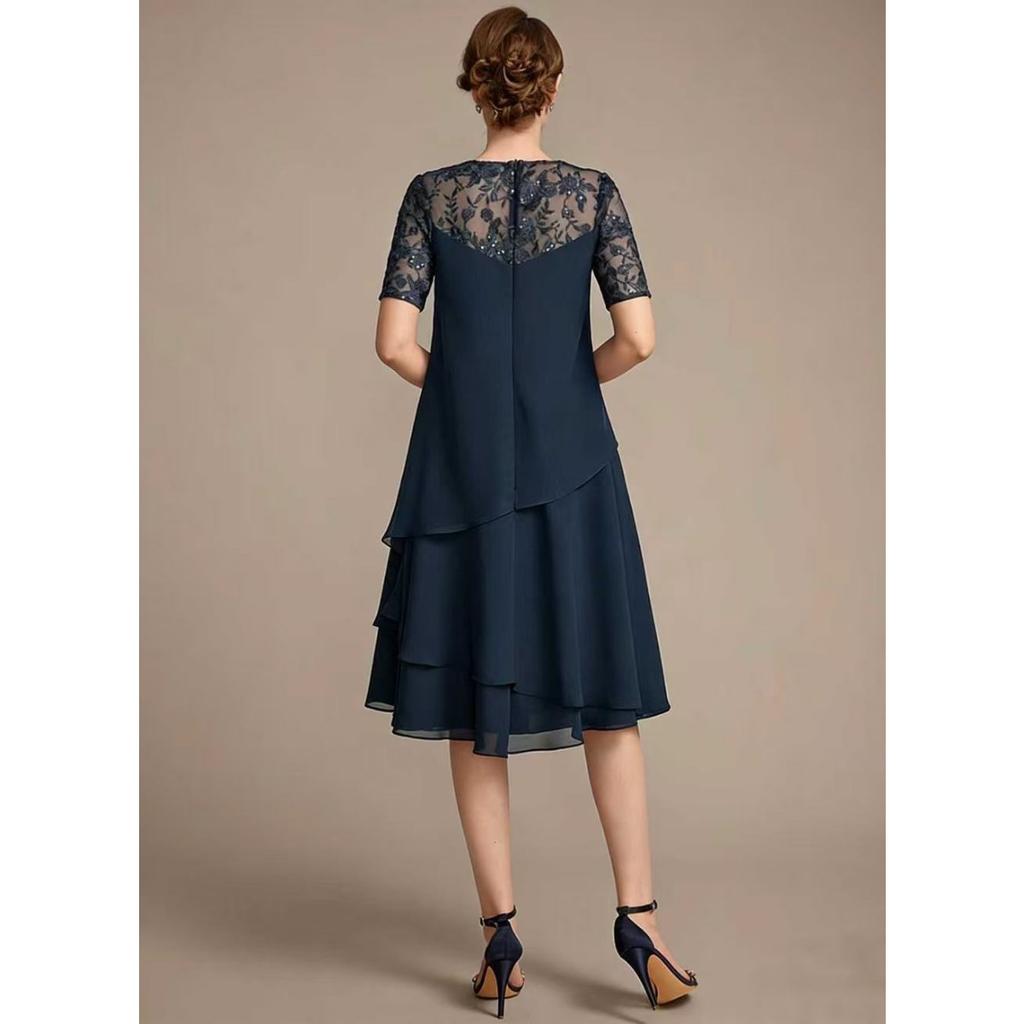 Nuovo Vestito da Donna Taglie Forti in Chiffon con Intarsi in Pizzo Traforato Manica Corta Vestibilità Aderente per il Lavoro e il Tempo Libero