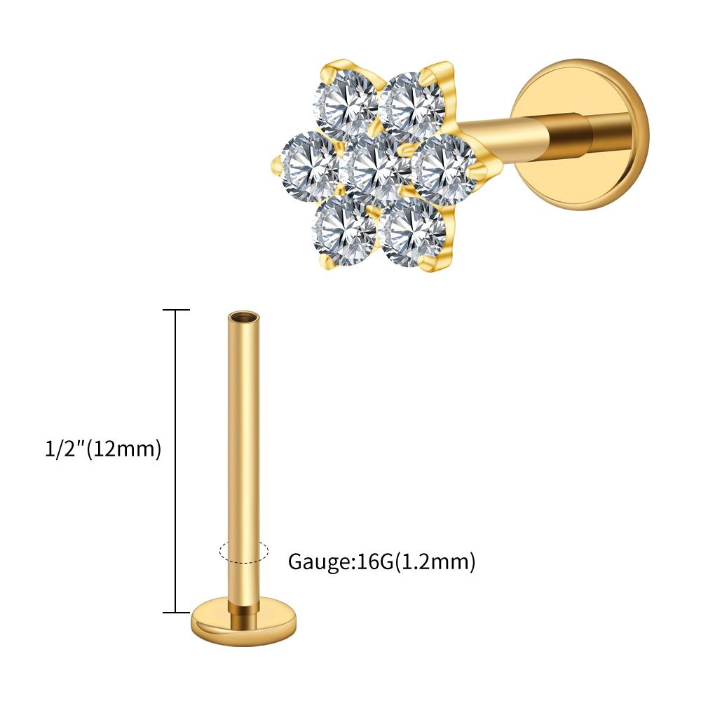 Right Grand ASTM F136 Titanium 16G Tiny Flower CZ Stud Earring Tragus Helix Rook Conch Labret Stud Flat Back Cartilage Piercing