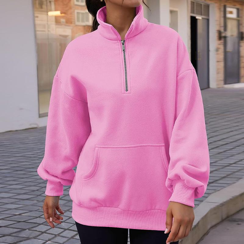 2025 Europe, America, Amazon cross-border autumn and winter new fashion thermal zipper stand-up collar solid color casual T women's sweater