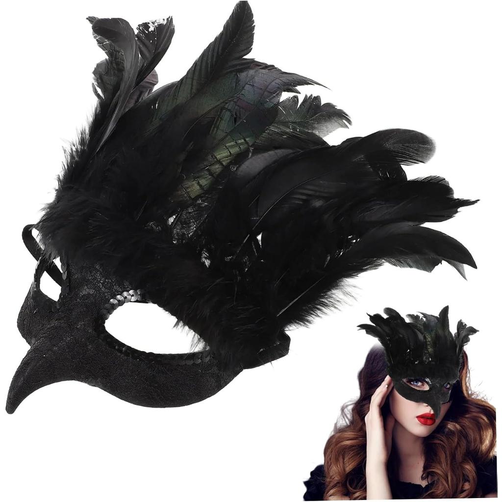 Krähe Halbmaske, Realistische Gefiederte Raben Maskerade Cosplay Zubehör für Halloween Mardi Gras/ 6,3x11,8 Zoll