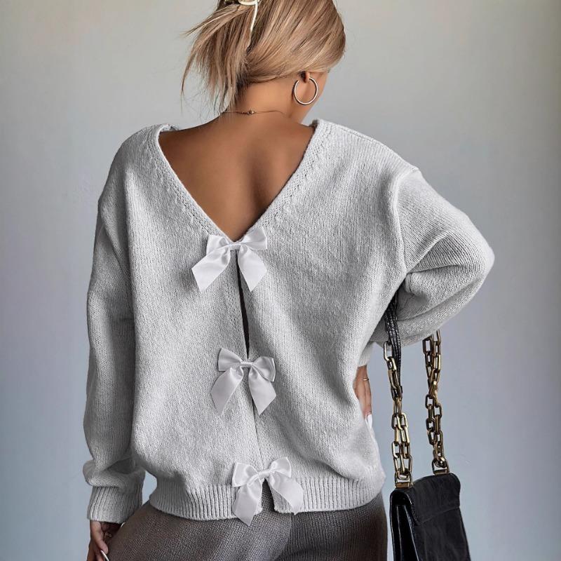 French Sweet Bow Decor Loose Long Sleeve Sweater Women S Fashion Knitwear