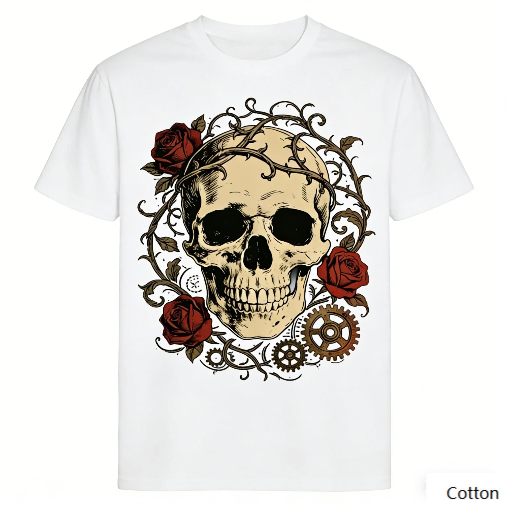 Vintage Skeleton Rose Graphic T Shirt, Cotton Crew Neck Short Sleeve Tee, Steampunk Gear Print Unisex Top S разноцветный