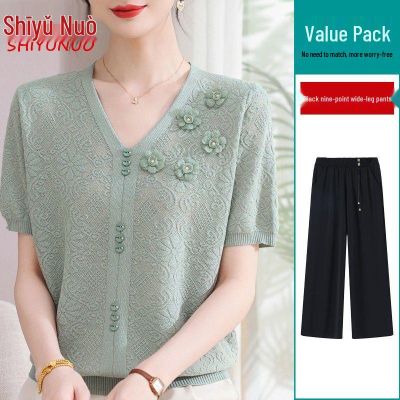 Summer 2026 Ice Silk Blouse: Fashionable Short-Sleeve for Middle-Aged and Elderly Women