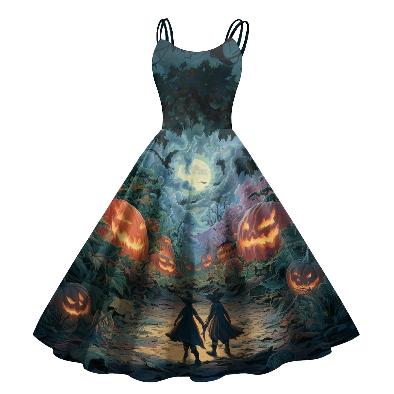

Women s Halloween Print Sexy Off-The-Shoulder Punk Vintage Dress XL Темно-синій