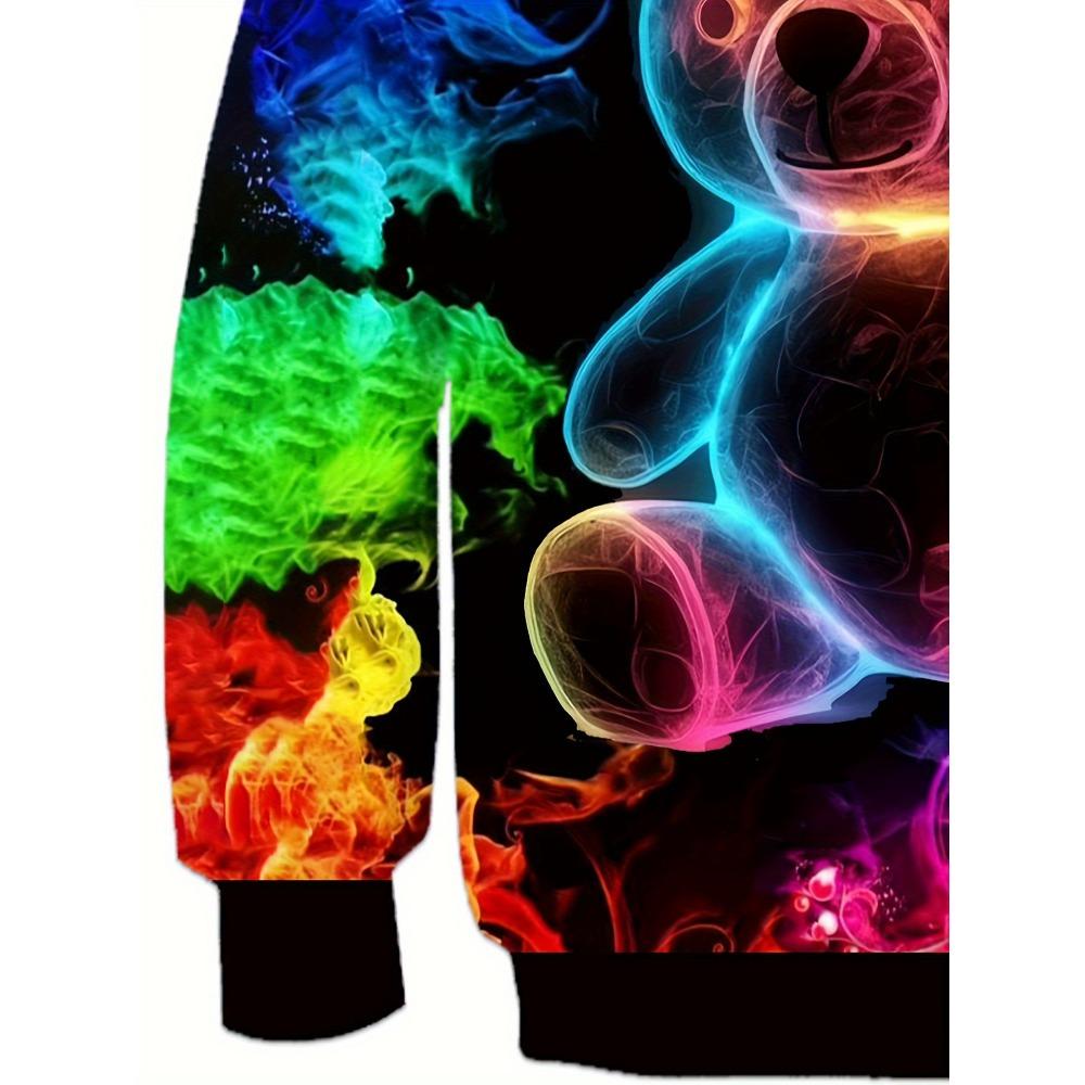 Hanorac cu mânecă lungă la modă pentru fete - imprimeu grafic cu urs și flăcări pline de culoare, îmbrăcăminte ocazională, perfectă pentru școală sau activități în aer liber