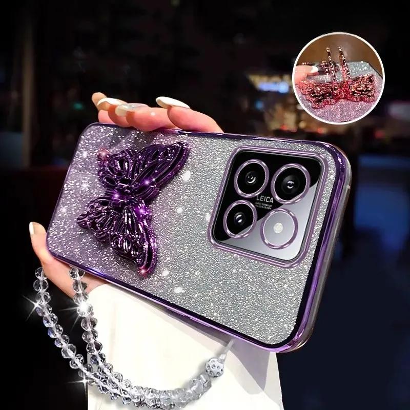 3D Butterfly Phone Holder Crystal Bracelet Glitter Plating Case for Xiaomi Mi 14 Ultra 13 12 11 Lite Pro Back Cover