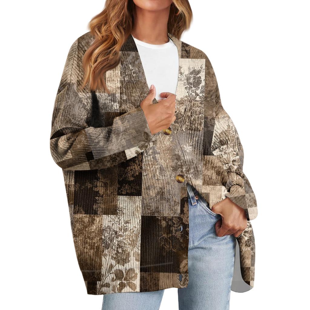 Women's Fashion Long Sleeve Print V-Neck Button Loose Cardigan Top