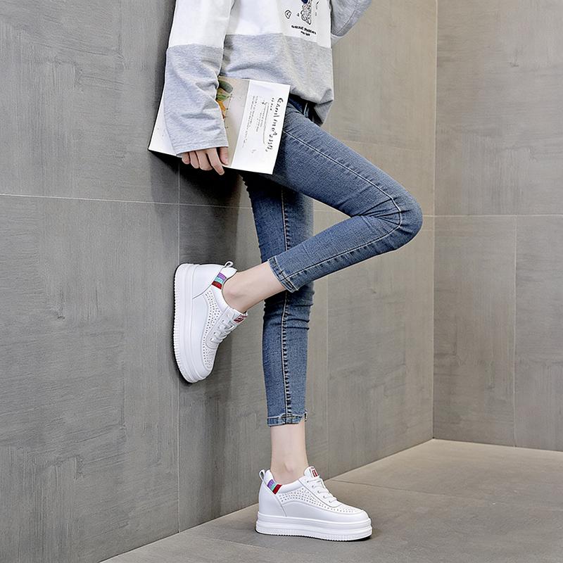 2026 Spring Summer Women's White Platform Sneakers Genuine Leather Wedge Hidden Heel 7cm Casual Walking Shoes Breathable