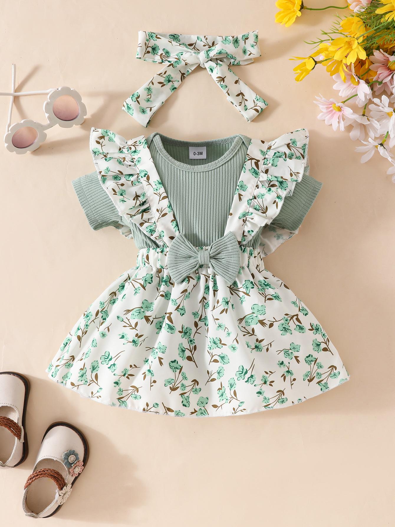 

Детский цветочный комбинезон с оборками и ромпер с повязкой на голову - Набор из 3 предметов 12-18 Months