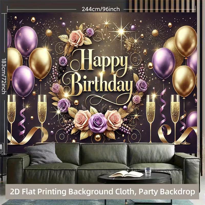 2D Purple Gold Floral Happy Birthday Backdrop for Women Party Decor