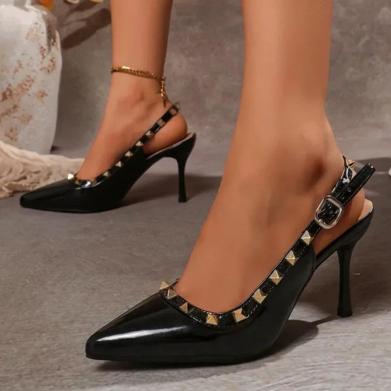

Fashion Banquet High Heel Women s Stiletto Super High Heel Patent Leather Single Shoes Summer Rear Empty Studded Strap Sandals 42 чёрный