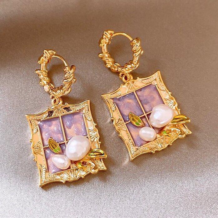 Vintage Oil Painting Style Stud Earrings for Women French Romantic Style Flower Shaped Enamel Pearl Luxury Jewelry Elegant Gifts