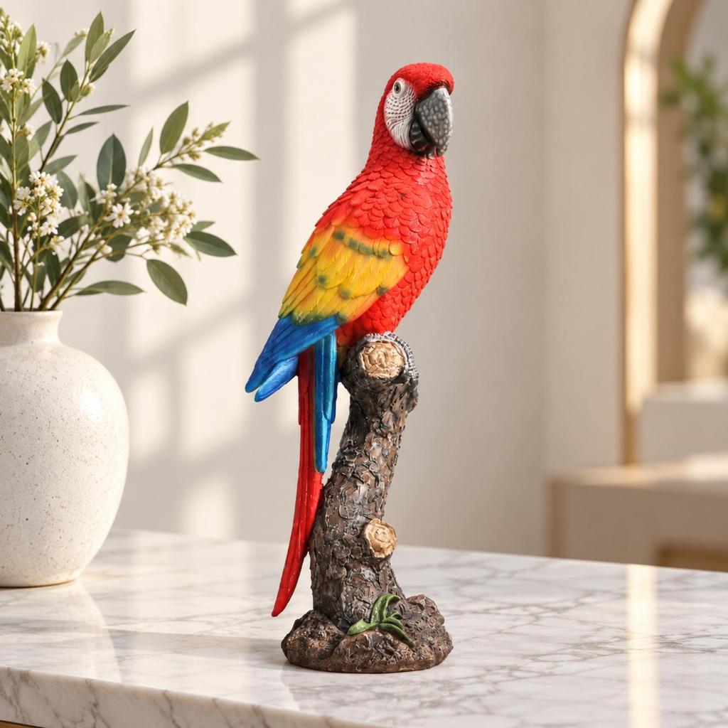 Parrot Ornament with Branch Perch Colorful Figurine Carved Bird Statue