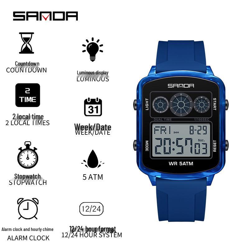 Sanda Dual Time Waterproof Transparent Sports Wristwatch with Colorful Single Display and Student Timer Function