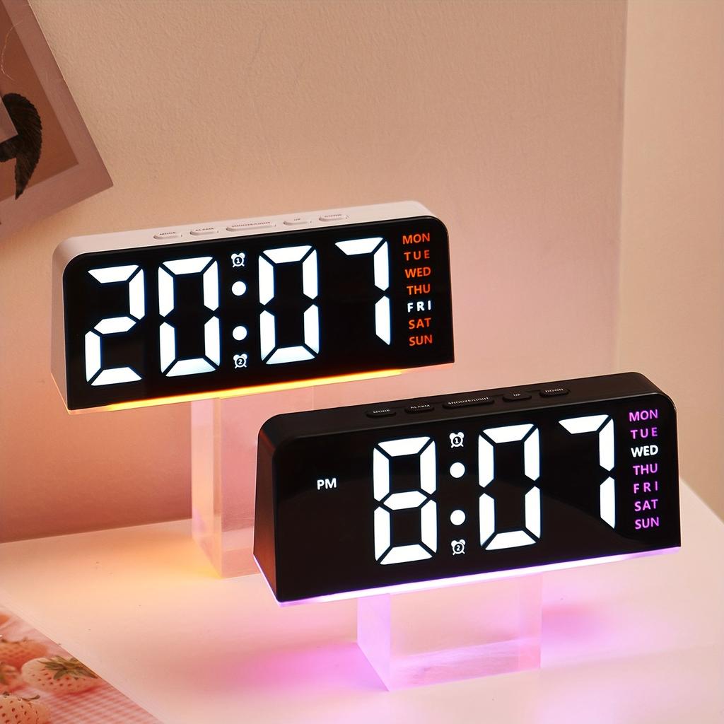 Compact Size Innovative LED Digital Alarm Clock with Atmosphere Light Date Display USB Powered, Adjustable Brightness, Flat Crown Shape