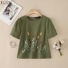 Women Casual Round Neck Loose Print Short Sleeve Cotton Blouse
