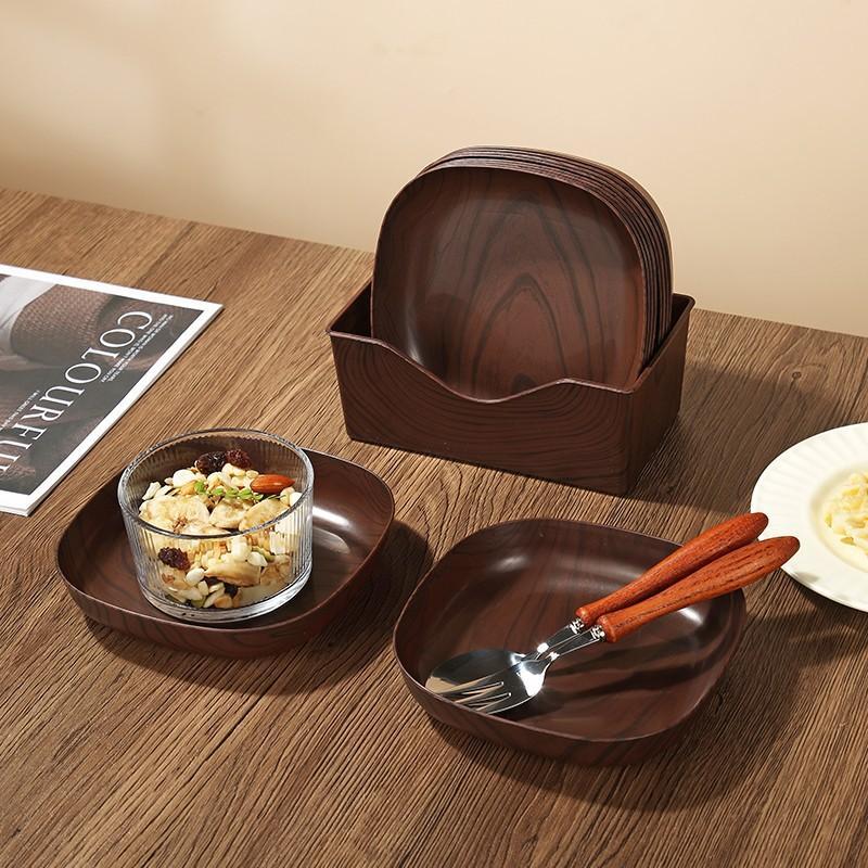 Wood Grain Plastic Serving Plate Eco Friendly Unbreakable with Storage Holder for Kitchen Outdoor Picnic Catering Events