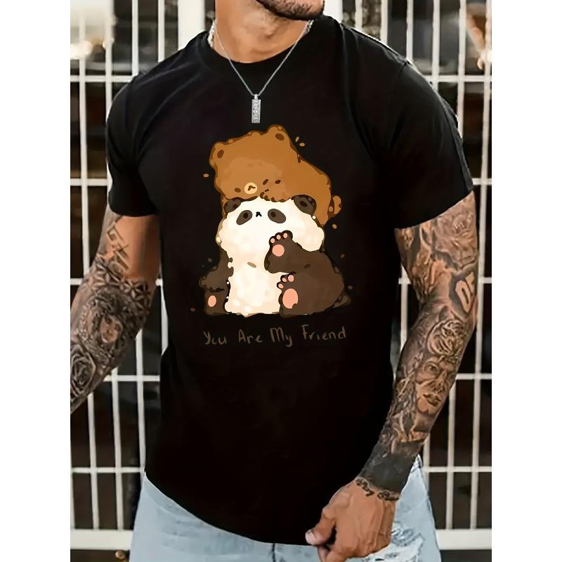 

European Size Cute Cartoon Panda Pattern T-shirt, Men s Casual Street Style Stretch Round Neck Tee Shirt For Summer 4XL чорний