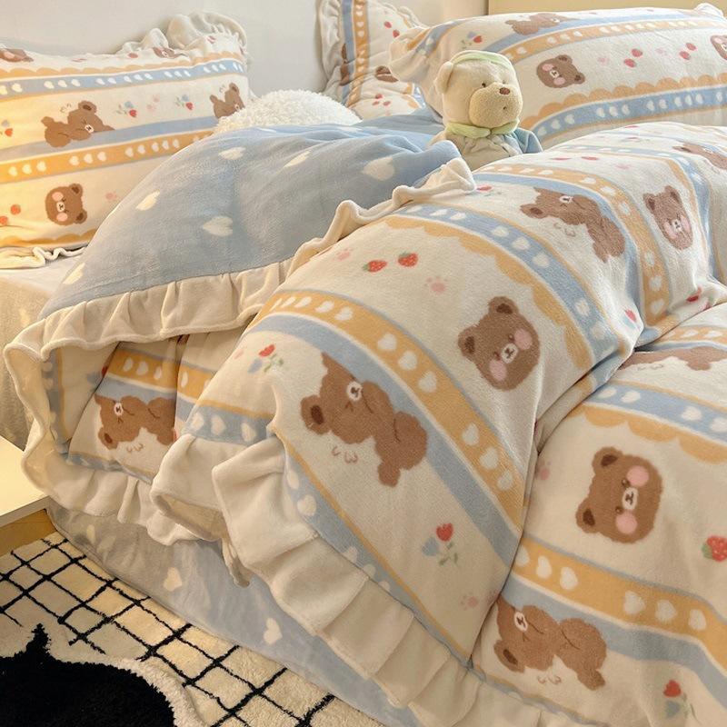 Thickened Milk Fleece Four-Piece Set, Fleece Quilt Cover, Bedding, Coral Flannel Bed Sheet Three-Piece Set