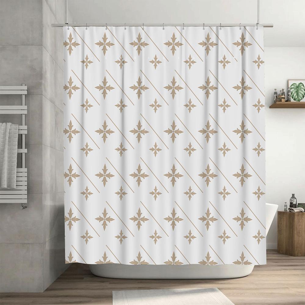 Vintage Geometric Shower Curtain White Beige Floral Print Modern Bathroom Decor