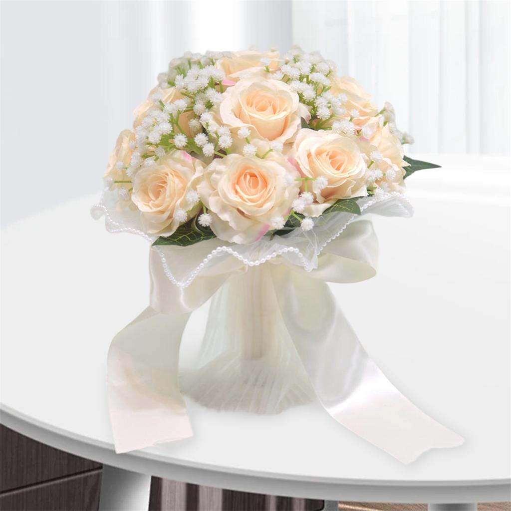 Elegant Bridal Bouquet with White Roses and Baby s Breath adorned with Pearls - Artificial Handheld Wedding Floral Arrangement