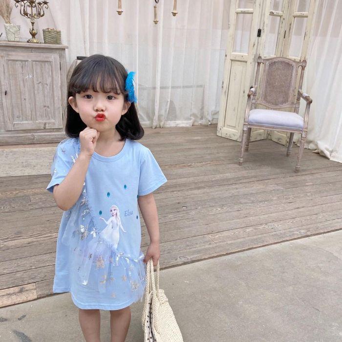 Girls Summer Loose Fit Cartoon Short Sleeve T Shirt Mid Length Stylish Top 90