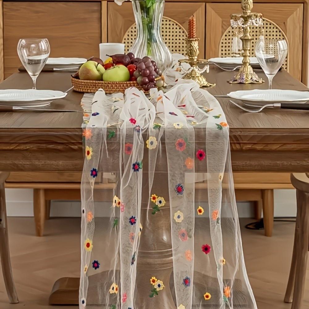 Boho Embroidery Daisy Table Runner Semi-Transparent Floral Tablecloth Colorful Table Cover  Party