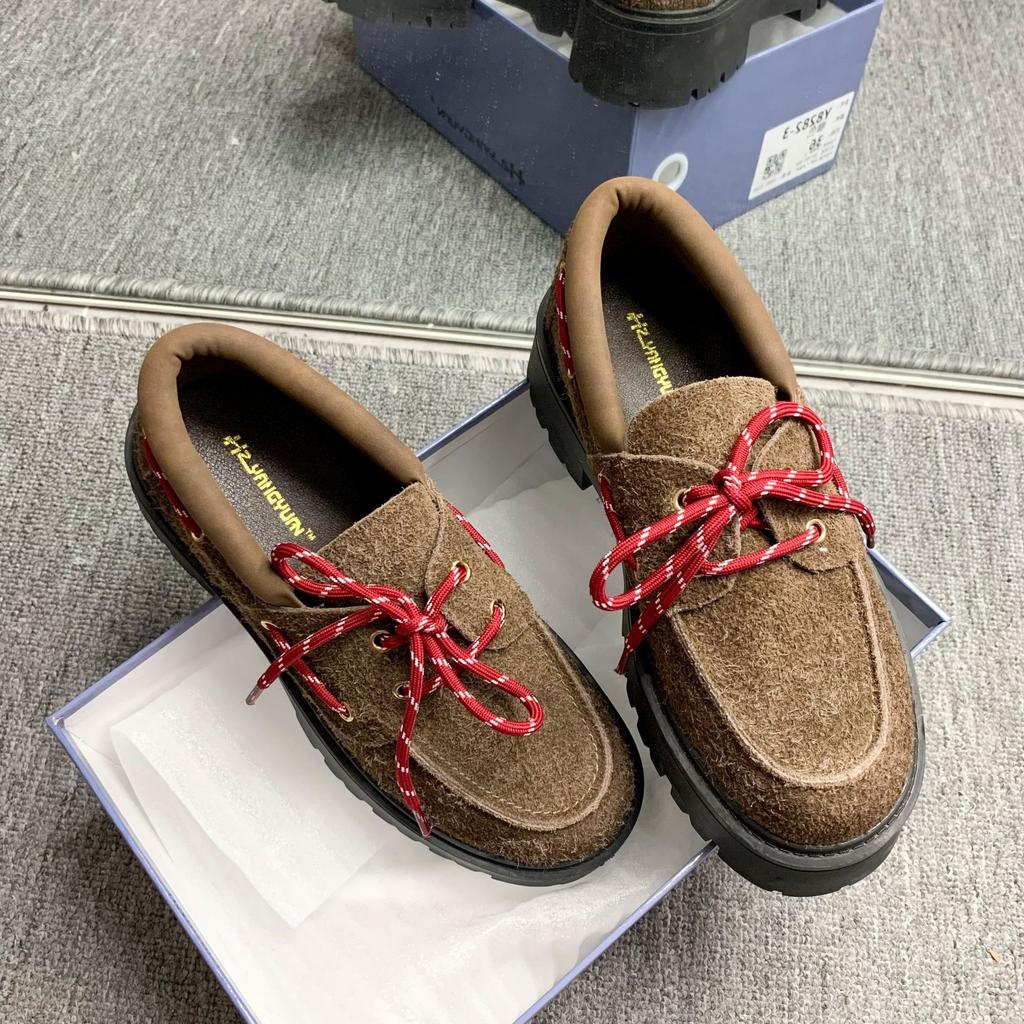 Cowhide version~ miu's retro platform heightening loafers women's genuine leather single shoes British style lace-up brown small leather shoes